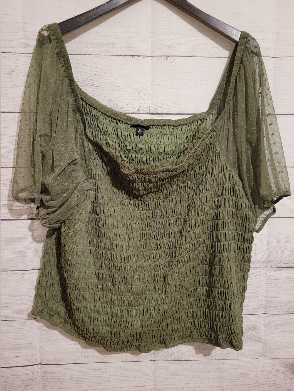 Torrid Women Plus Sz 5X Green Dot Mesh Square Neck Smocked Crop Top Puff Sleeve